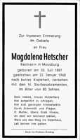 Sterbebildchen Magdalena Hetscher, *20.07.1887 †22.01.1968