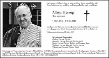 Todesanzeige Alfred Herzog, *15.03.1936 †01.03.2017
