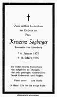 Sterbebildchen Kreszenz Sagberger, *06.01.1873 †11.03.1956