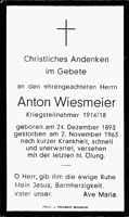 Sterbebildchen Anton Wiesmeier, *24.12.1893 †02.11.1963