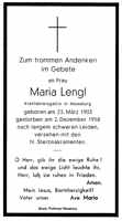 Sterbebildchen Maria Lengl, *23.03.1903 †02.12.1958