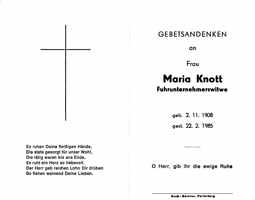 Sterbebildchen Maria Knott, *02.11.1908 †22.02.1985
