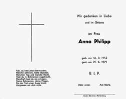 Sterbebildchen Anna Philipp, *16.03.1912 †21.06.1979