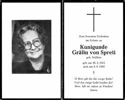 Sterbebildchen Kunigunde Grfin v. Spreti, *26.02.1912 †06.09.1983