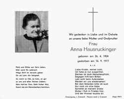 Sterbebildchen Anna Hausruckinger, *26.04.1904 †16.09.1977
