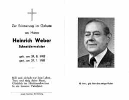 Sterbebildchen Heinrich Weber, *24.08.1908 †27.01.1981