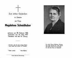 Sterbebildchen Magdalena Schmidhuber, *28.02.1905 †12.05.1977