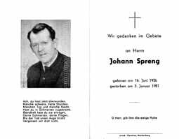 Sterbebildchen Johann Spreng, *16.06.1926 †03.01.1981
