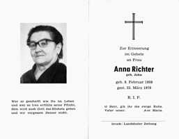Sterbebildchen Anna Richter, *09.02.1909 †16.09.1978
