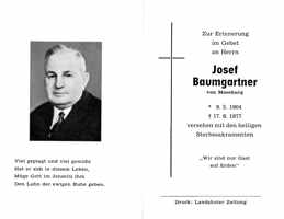 Sterbebildchen Josef Baumgartner, *09.05.1904 †17.06.1977