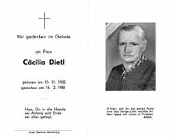 Sterbebildchen Ccilia Dietl, *15.11.1902 †15.02.1981