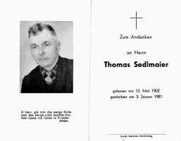 Sterbebildchen Thomas Sedlmaier, *13.05.1902 †03.01.1981