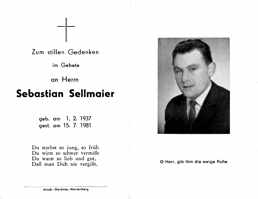 Sterbebildchen Sebastian Sellmaier, *01.02.1937 †15.07.1981