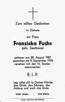 Sterbebildchen Franziska Fuchs, *20.08.1901 †09.09.1976