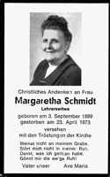 Sterbebildchen Margaretha Schmidt, *03.09.1889 †23.04.1973