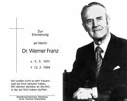 Sterbebildchen Dr. Werner Franz, *05.05.1911 †12.02.1994