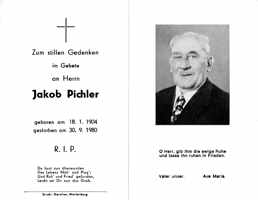 Sterbebildchen Jakob Pichler, *18.01.1904 †30.09.1980