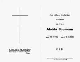 Sterbebildchen Aloisia Baumann, *14.09.1910 †21.08.1980