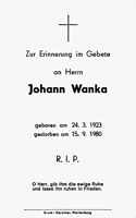Sterbebildchen Johann Wanka, *24.03.1923 †15.09.1980