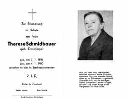 Sterbebildchen Therese Schmidbauer, *07.01.1896 †04.01.1980