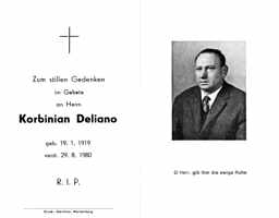 Sterbebildchen Korbinian Deliano, *19.01.1919 †29.08.1980