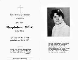 Sterbebildchen Magdalena Mrkl, *20.07.1935 †20.05.1979