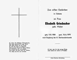 Sterbebildchen Elisabeth Griesbacher, *09.08.1904 †10.06.1979