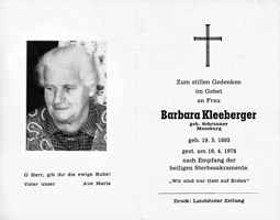 Sterbebildchen Barbara Kleeberger, *19.05.1893 †16.04.1978