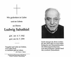 Sterbebildchen Ludwig Sabathiel, *06.07.1922 †14.07.1999