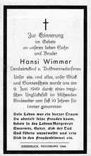 Sterbebildchen Hansi Wimmer *1940 †09.06.1949