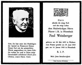 Sterbebildchen Paul Weinberger, Pfarrer i.R. in Pfrombach, *1899 †1985