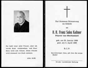 Sterbebildchen Pfarrer Franz Sales Kaltner, *23.01.1889 †04.04.1966