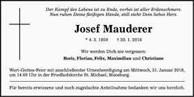 Todesanzeige Josef Mauderer, *04.03.1950 †20.01.2018
