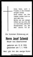 Sterbebildchen Josef Schmid, *12.08.1905 †01.01.1958