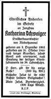 Sterbebildchen Katharina Schwaiger *02.12.1902 †31.10.1940