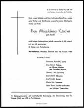 Todesanzeige Magdalena Kutscher, *08.11.1901 †16.08.1965