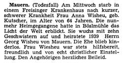 Zeitung, Anna Wisheu, *10.05.1904 †30.10.1968