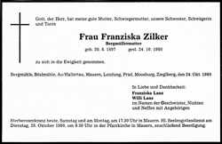 Todesanzeige Franziska Zilker, *30.08.1897 †24.10.1980