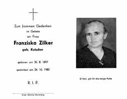 Sterbebildchen Franziska Zilker, *30.08.1897 †24.10.1980
