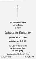 Sterbebildchen Sebastian Kutscher, *12.01.1899 †19.07.1984