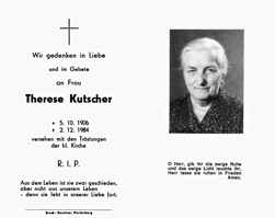 Sterbebildchen Therese Kutscher, *05.10.1906 †02.12.1984