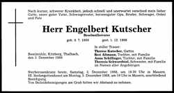 Todesanzeige Engelbert Kutscher, *07.08.1906 †01.12.1988