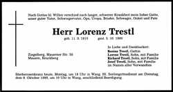 Todesanzeige Lorenz Trestl, *11.09.1910 †05.10.1990