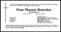 Todesanzeige Therese Kutscher, *01.04.1912 †22.06.1996