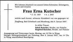 Todesanzeige Erna Kutscher *02.12.1937 †04.01.2007