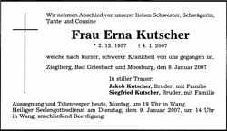 Todesanzeige Erna Kutscher *02.12.1937 †04.01.2007
