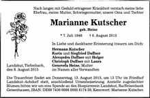 Todesanzeige Marianne Kutscher *07.07.1946 †06.08.2015