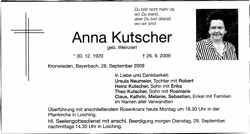 Todesanzeige Anna Kutscher *30.12.1920 †26.09.2009