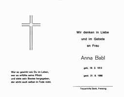Sterbebildchen Anna Babl, *18.03.1913 †31.08.1988