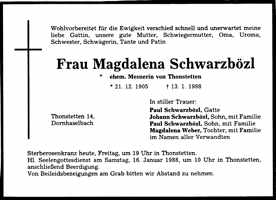 Todesanzeige Magdalena Schwarzbzl, *21.12.1905 †13.01.1988